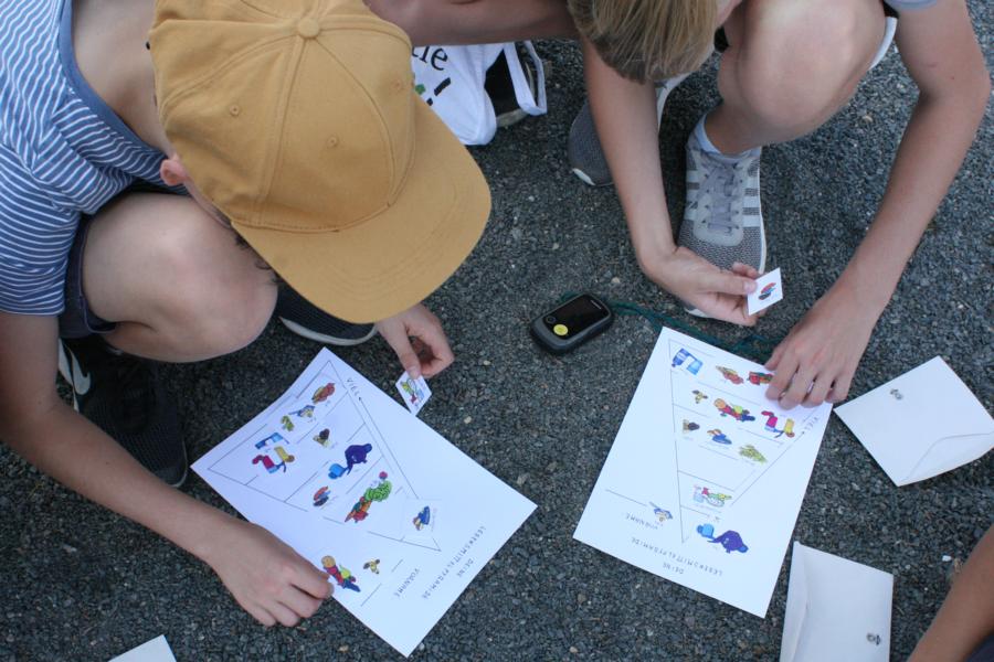 Kinder mit Zetteln und GPS-Geräten bei einer Geocaching-Tour