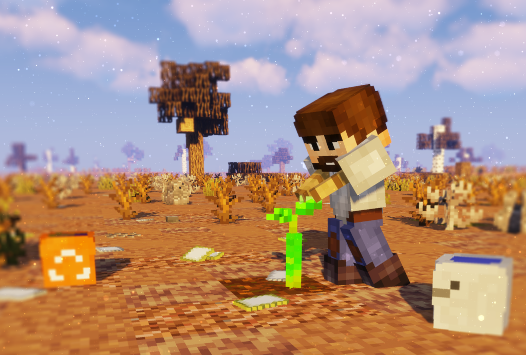 Minecraft-Figur setzt junge Pflanze in wüstenähnlicher Gegend