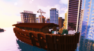 Eine im Videogame Minecraft gebaute Arche fährt durch eine überflutete Hochhaus-Siedlung