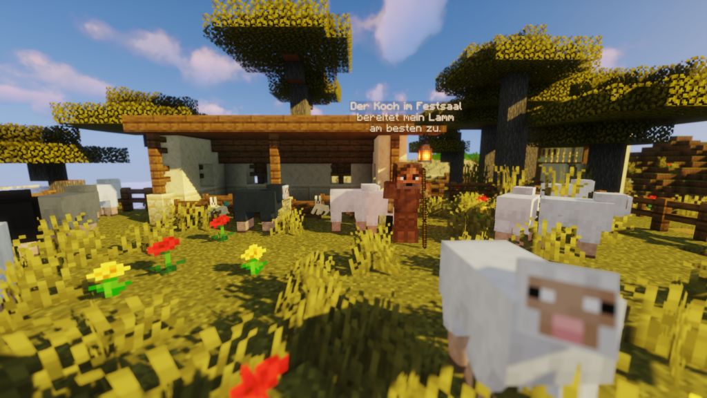 Minecraft-Landschaft mit Schafen und einem Hirten
